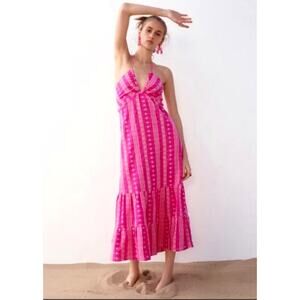 Zara Pink Fuschia Embroidered Midi Dress, Medium